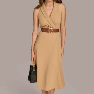 DONNA KARAN CREPE FIT AND FLARE DRESS WITH BELT